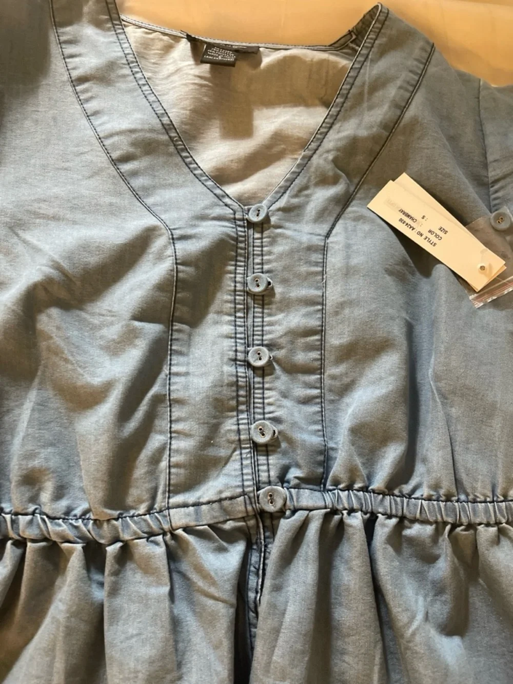 Blue Peplum Blouse Womens Small V Neck Button Front Ruffle Sleeve Top - Picture 9 of 10